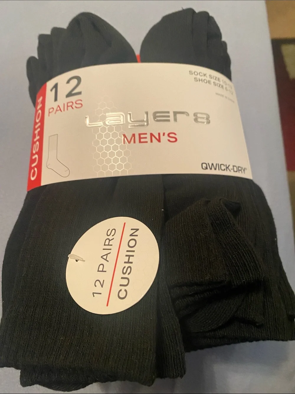 Layer 8 Men's Black Cushioned Qwick-Dry Socks - Pack